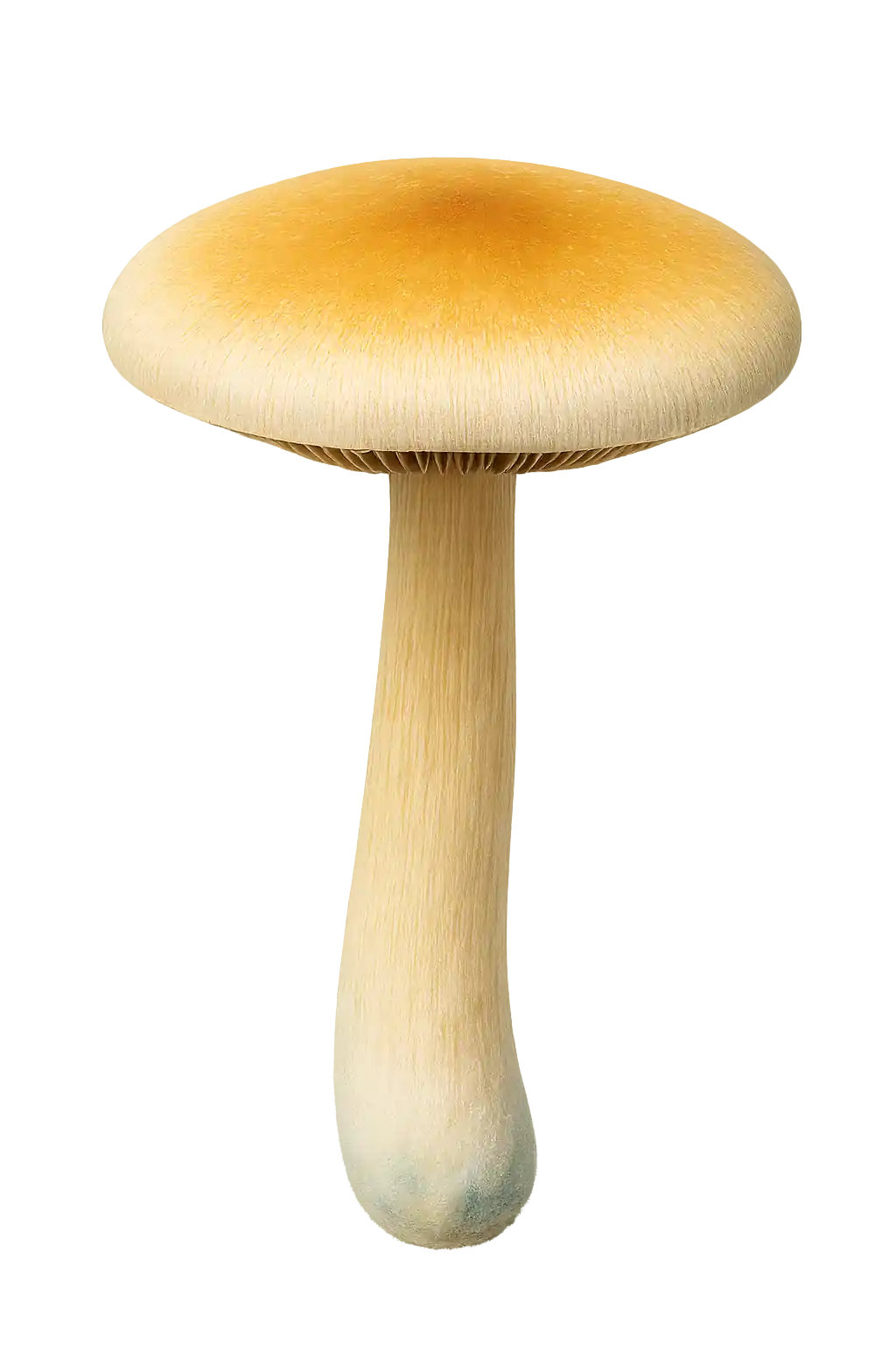 Playful illustration of a giant golden mushroom rising before Arenal Volcano and Costa Rican rainforest